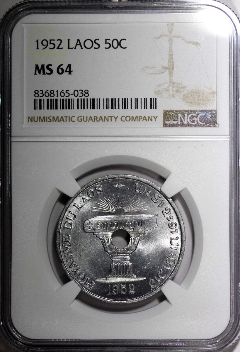 LAOS Sisavang Vong Aluminum 1952 50 Cents 31 mm NGC MS64 KM# 6