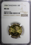 Tanzania Nickel-Brass 1984 10 Senti Zebra NGC MS66 TOP GRADED BY NGC KM# 11 (34)