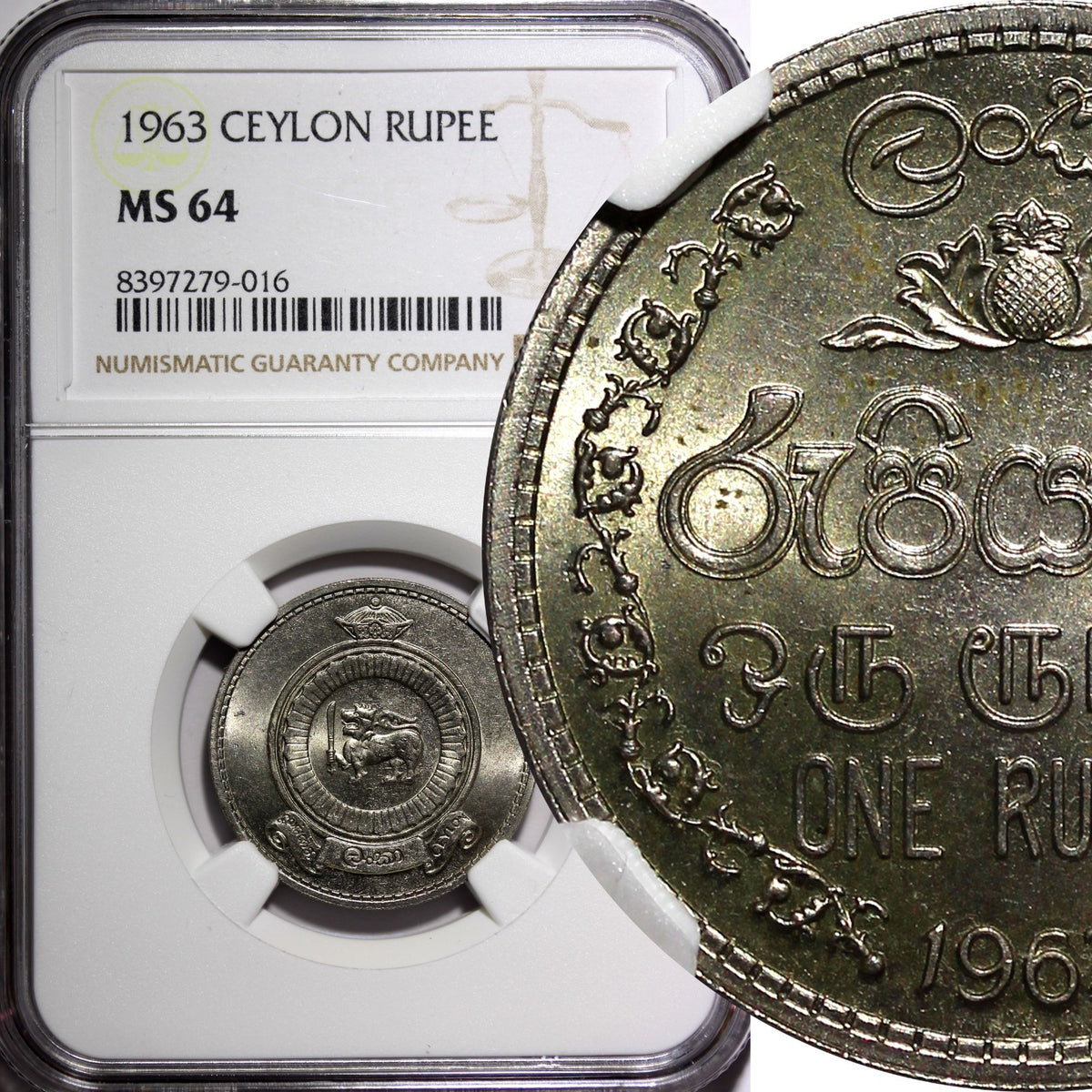 Ceylon Elizabeth II 1963 1 Rupee 1st Year Type NGC MS64 KM# 133