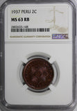 Peru 1937 2 Centavos NGC MS63 RB Nice Toning Low Mintage-963,000 KM# 212.1
