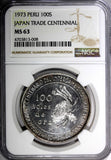 PERU Silver 1973 100 Soles NGC MS63 Centennial Peru-Japan Trade  37mm KM# 261(8)