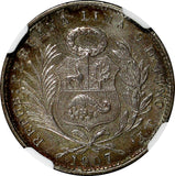 PERU Silver 1907 JF 1/5 Sol NGC AU55 Toned KM# 205.2 (038)
