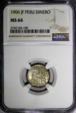 PERU Silver 1906 JF 1 Dinero NGC MS64 Mintage-826,000 Seated Liberty KM#204.2(0)