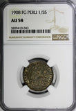 PERU Silver 1908 FG 1/5 Sol NGC AU58  Toned KM# 205.2 (043)