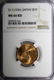 JAPAN Bronze SHOWA S11 (1936) 1 Sen NGC MS66 RD FULL RED TOP GRADED Y# 47 (022)