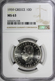 Greece Paul I 1959 10 Drachmai NGC MS63 30 mm Paris Mint KM# 84 (038)