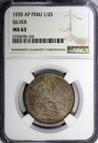 PERU LIMA Silver 1935 AP 1/2 Sol NGC MS63 LAST YEAR TYPE NICE TONING KM#216(124)