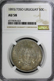 Uruguay Silver 1893/73 So 50 Centesimos OVERDATE Mintage-500,000 NGC AU58 KM# 16