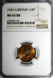 Great Britain George VI Bronze 1945 Farthing NGC MS65 RB RED TONING KM# 843