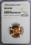 Jamaica Bronze 1970 1 Cent NGC MS64 RD FULL RED TONING .TOP GRADED BY NGC KM# 45