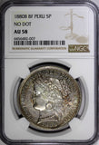 Peru Silver 1880 BP 5 Pesetas No Dot 37mm NGC AU58 Nice Toned KM# 201.1 (7)