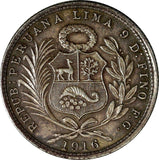 PERU Silver 1916 FG-R 1/5 Sol aUNC Condition Toned KM# 205.2 (13 488)