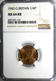 Great Britain George VI Bronze 1943 Farthing NGC MS64 RB KM# 843