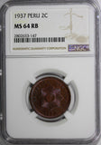 Peru 1937 2 Centavos NGC MS64 RB Nice Toning Low Mintage-963,000 KM# 212.1