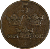 Sweden Gustaf V Bronze 1909 5 Ore Large Cross SCARCE 27mm KM# 779.2 (18 557)