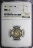 PERU Copper-Nickel 1937 10 Centavos NGC MS64 TOP GRADED BY NGC KM# 214.2 (232)