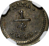 PERU Silver 1833 LIMA 1/4 Real NGC MS62 Toned ONLY 1 GRADED HIGHER KM# 143.1 (0)