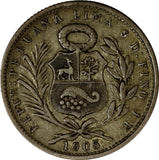 Peru Silver 1903 JF 1/5 Sol Mintage-702,000 Shifted "3" in Date KM#205.2 (13634)
