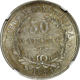 Uruguay Silver 1893/73 So 50 Centesimos OVERDATE Mintage-500,000 NGC AU58 KM# 16
