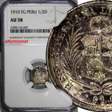 PERU Silver 1910-FG 1/2 Dinero NGC AU58 NICE TONING Mintage-640,000 KM# 206.2(7)