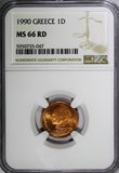 Greece Copper 1990 1 Drachma NGC MS66 RD 1 GRADED HIGHEST BY NGC KM# 150 (047)