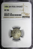 PERU Silver 1886 JM Dinero NGC VF35 "FB" left of shield Reverse RARE TYPE KM#190