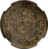 Peru Silver 1874 YJ 1/5 Sol  NGC MS61 Toning KM# 191 (040)