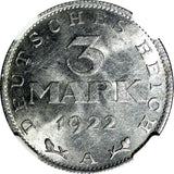 Germany,Weimar Republic 1922 A 3 Mark NGC MS63 LEGEND AROUND EAGLE KM# 29