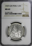 PERU Silver 1929 LIMA GM 1/2 Sol NGC MS62 30mm Mint Luster KM# 216 (006)