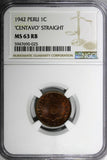 Peru 1942 1 Centavo STRAIGHT NGC MS63 RB 1 Graded Highest Toned KM# 208a (025)