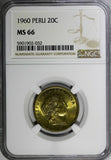 Peru Brass 1960 20 Centavos Thin planchet NGC MS66 TOP GRADED KM# 221.2b (032)