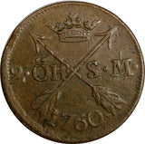 SWEDEN Adolf Frederick (1751-1771) 1760 S.M. 2 Ore Mintage-558,000 KM#461 15230