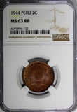 Peru Copper 1944 2 Centavos NGC MS63 RB 1 Graded Highest Thin Planchet KM# 212.2