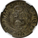 PERU Silver 1908 FG 1/5 Sol NGC AU58  Toned KM# 205.2 (043)