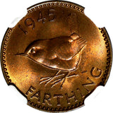Great Britain George VI Bronze 1945 Farthing NGC MS65 RB RED TONING KM# 843