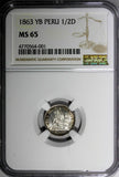 Peru Silver 1863 YB 1/2 Dinero NGC MS65 GEM BU KM# 189
