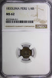 PERU Silver 1833 LIMA 1/4 Real NGC MS62 Rainbow Toned 1 GRADED HIGHER KM143.1(1)