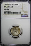 Peru Silver 1916 FG 1 Dinero NGC MS63 Small Date Light Toning  KM# 204.2 (101)