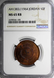 Jordan Hussein Bronze AH1383//1964 10 Fils, Qirsh, Piastre NGC MS65 RB KM# 10