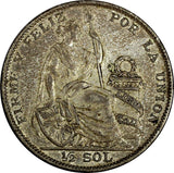 PERU Silver 1928 LIMA GM  1/2 Sol 30mm VF/XF Condition Toning  KM# 216 (13 500)