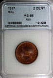 Peru 1937 2 Centavos  MS66 RED Nice Toning Low Mintage-963,000 KM# 212.1