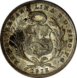 PERU Silver 1913 FG-R 1/5 Sol Mintage-223,000 XF Condition Toned KM#205.2(13581)