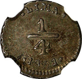 Peru Silver 1851/31 1/4 Real Lima Mint OVERDATE NGC AU58 1 GRADED HIGHER KM143.1
