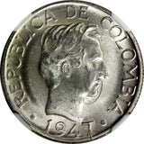 Colombia SILVER 1947/5 B 20 Centavos NGC MS64 TOP GRADED BY NGC ! KM# 208.1 (3)