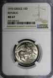 Greece Copper-Nickel 1973 10 Drachmai NGC MS67 BU GEM COIN KM# 110 (012)