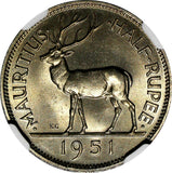 Mauritius George VI 1951 1/2 Rupee NGC MS65 1 GRADED HIGHEST KM# 28 (047)