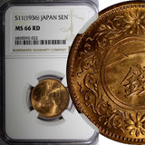 JAPAN Bronze SHOWA S11 (1936) 1 Sen NGC MS66 RD FULL RED TOP GRADED Y# 47 (022)
