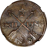 SWEDEN Copper 1803 1/2 Skilling OVERSTRUCK 1 ORE S.M. 1763 NGC XF45 BN KM565/132
