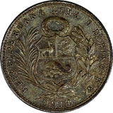 Peru Silver 1914 FG 1/5 Sol BETTER DATE Mintage-10,000 Toned KM# 205.2 (20 550)