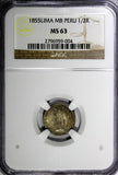 Peru Silver 1855 LIMA MB 1/2 Real NGC MS63 Light Original Tone KM# 144.7 (004)